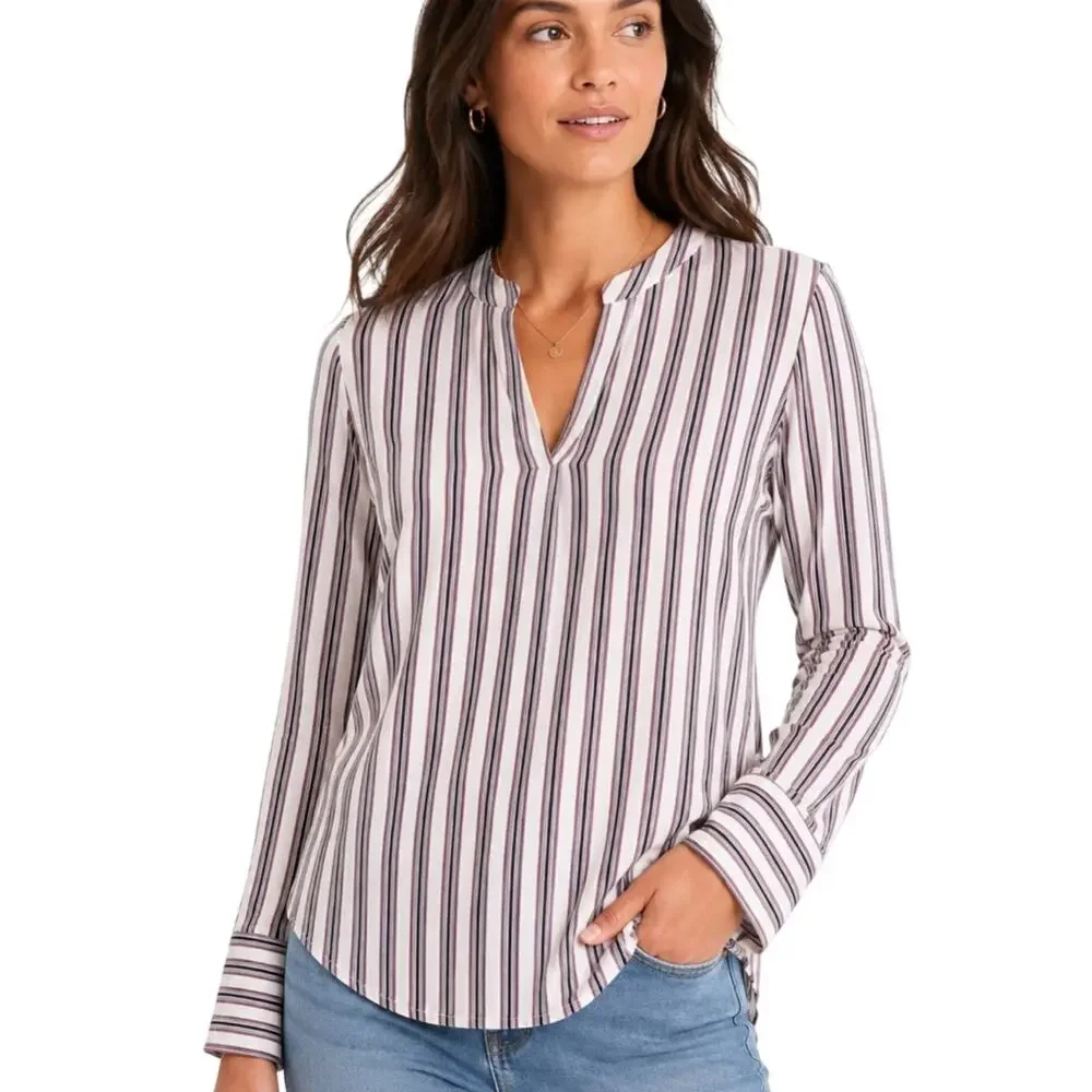 J.Crew Striped Popover Blouse 12 Split Neck Tunic Red Blue Cotton Shirt